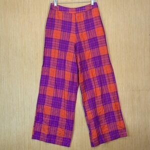 Eva Franco Anthropologie Plaid High Rise Wide Leg Linen Pants Womens 6 Colorful